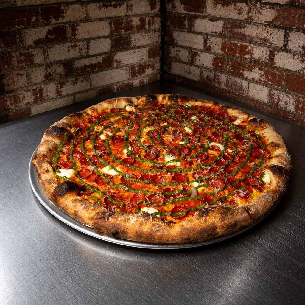 Vodka Pesto Pepperoni Pie.