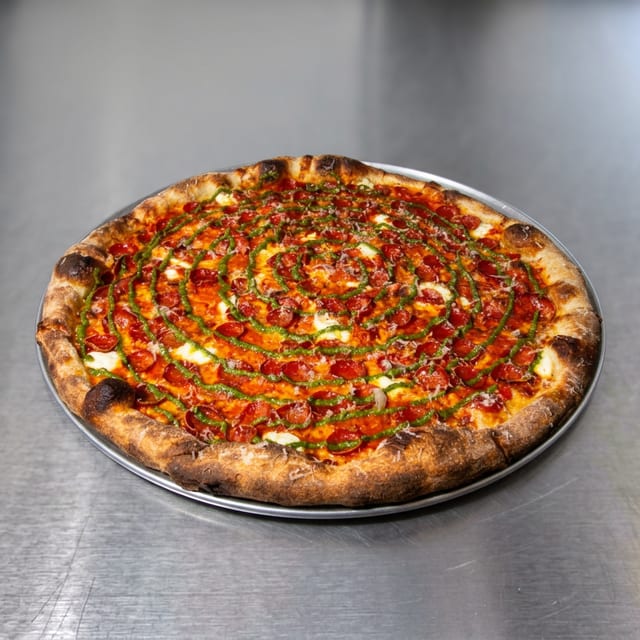 Vodka Pesto Pepperoni Pie.